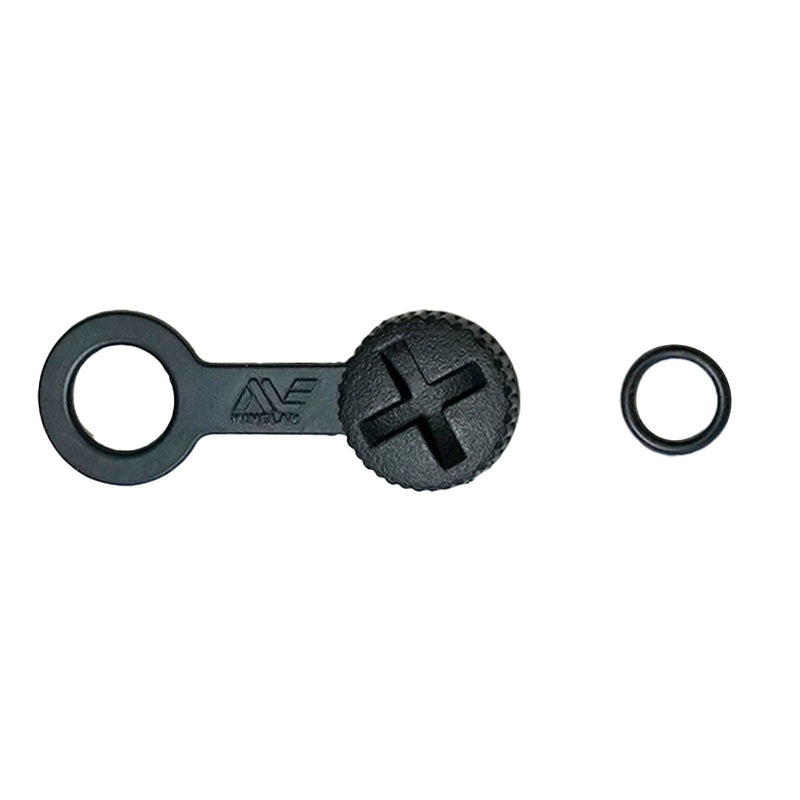 A black plastic cap with tether and a separate small O-ring to the right, shown on a plain white background.