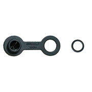A black plastic cap with tether and a separate small O-ring to the right, shown on a plain white background.