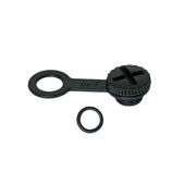 A black plastic cap with tether and a separate small O-ring and Minelab logo shown on a plain white background.