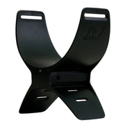 Black plastic arm rest for the Vanquish V60 series on an angle with Minelab logo on side shown on a white background.