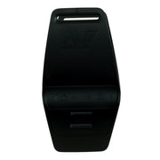 Black plastic arm rest for the Vanquish V60 series side view with Minelab logo side shown on a white background.
