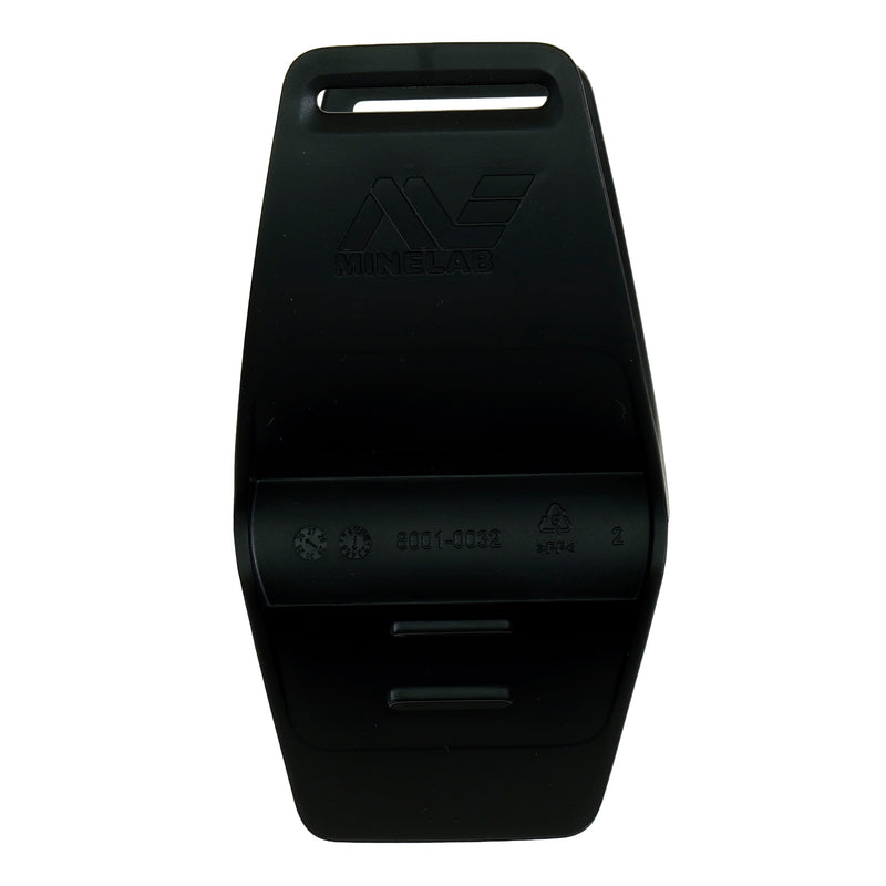 Black plastic arm rest for the Vanquish V60 series side view with Minelab logo side shown on a white background.