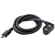 A black USB-C compatible charging cable coiled on a white background, showing both connector ends.