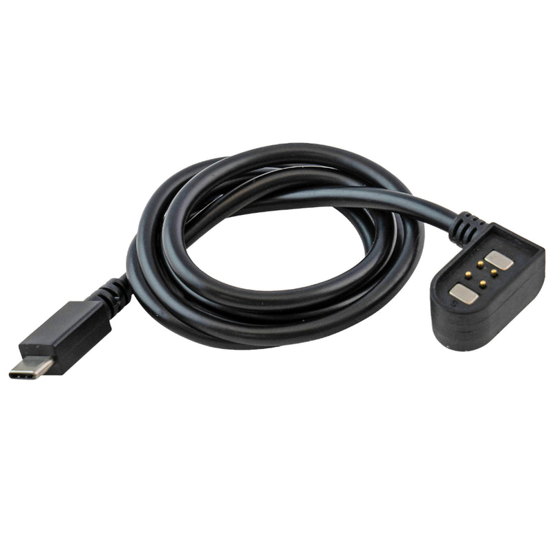 A black USB-C compatible charging cable coiled on a white background, showing both connector ends.
