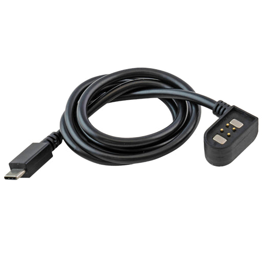 A black USB-C compatible charging cable coiled on a white background, showing both connector ends.