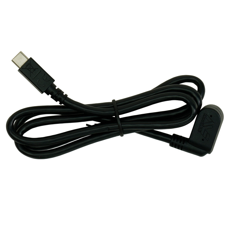 A black USB-C to USB-C cable with a right-angle connector, coiled and secured with a black elastic band on a plain white background.