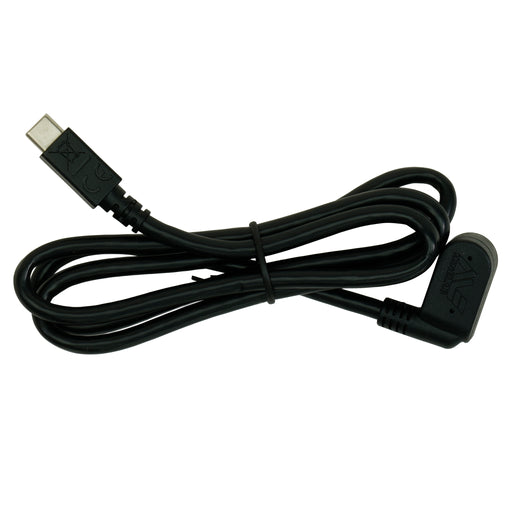A black USB-C to USB-C cable with a right-angle connector, coiled and secured with a black elastic band on a plain white background.