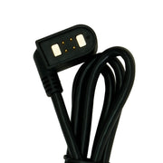 A black charging cable with a right-angle connector head, two metal magnet connectors and four gold contact pins, shown on a plain white background.