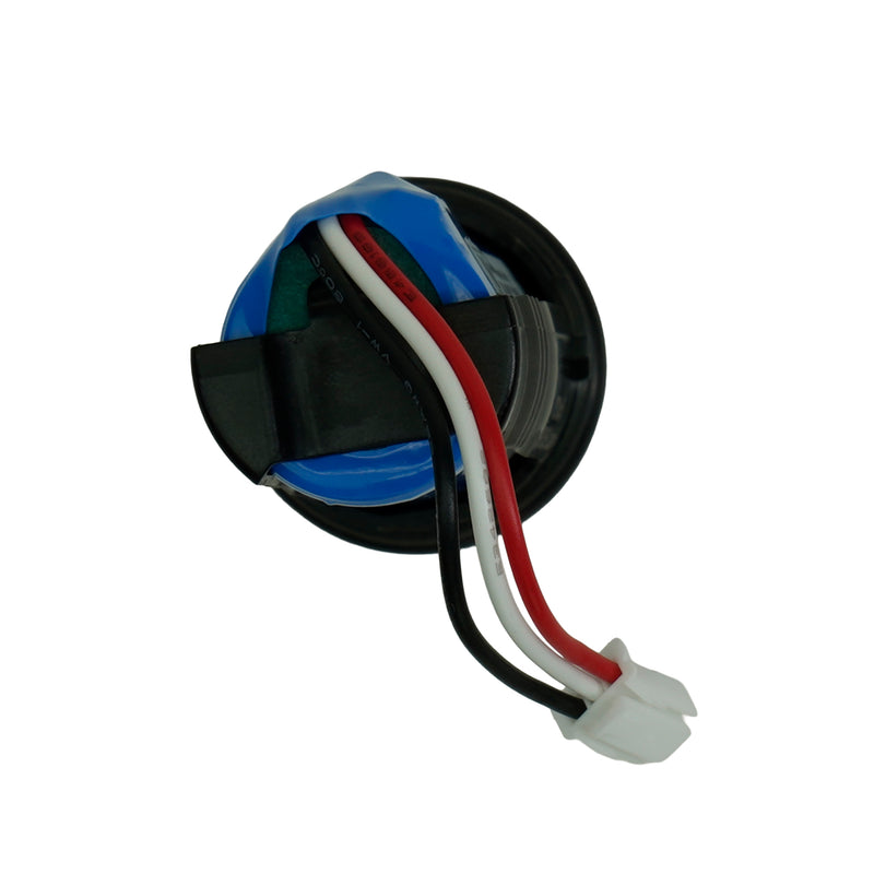 A circular black plastic electrical component with a blue inner ring, secured by a black strap, featuring three wires (red, white, and black) ending in a white connector, shown on a plain white background.