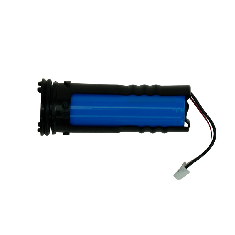 A cylindrical rechargeable battery with a bright blue center and a black textured outer casing, featuring a black terminal cap on one end and a small wire connector on the other, shown against a plain white background.