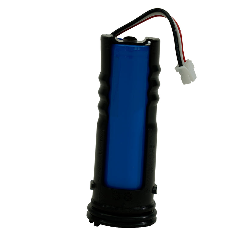 A replacement cylindrical battery with a textured black outer casing, a blue center cell, and a black wire connector with red, white, and black strands on a white background.