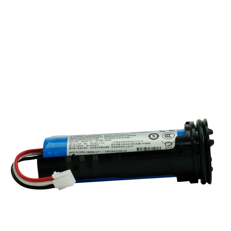 A cylindrical black and blue replacement battery with a white connector and red, white, and black wires, shown on a plain white background.