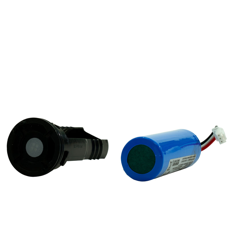 A replacement battery for metal detector with cover and a blue cylindrical battery with a white connector.