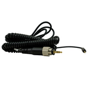 A coiled black audio cable with a 3.5mm jack connector and a gold-toned plug, photographed on a plain white background.