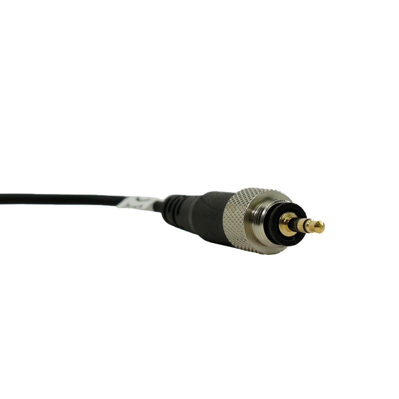 A close-up of a black audio cable connector with a silver knurled metal ring and a gold-plated jack plug, shown against a plain white background.