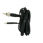 A coiled black audio cable with two 3.5mm jack connectors, one with a silver knurled metal ring, secured with a black elastic band on a white background.