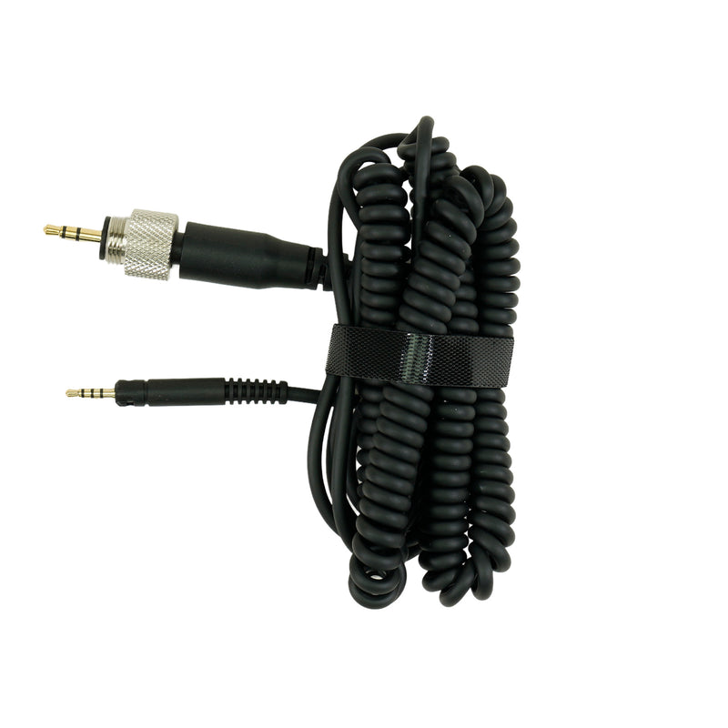 A coiled black audio cable with two 3.5mm jack connectors, one with a silver knurled metal ring, secured with a black elastic band on a white background.
