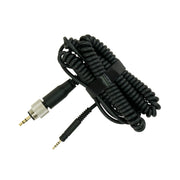 A coiled black audio adapter cable with a silver metal connector on one end and a black 3.5mm jack on the other, secured with a black strap on a white background.