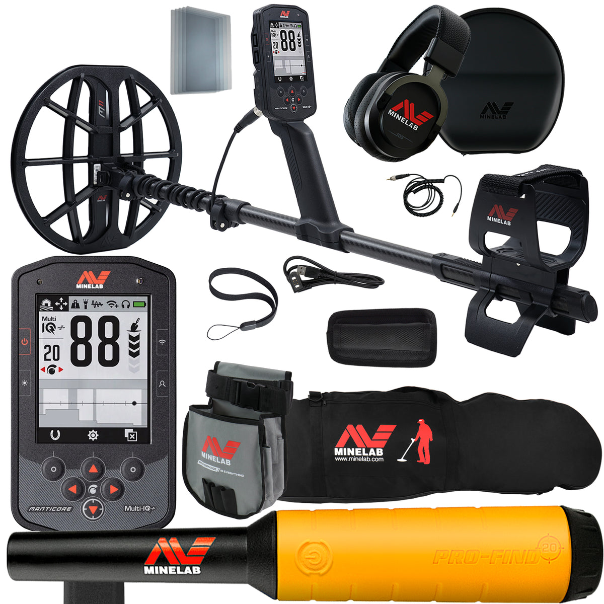 MINELAB Manticore High Power Metal Detector with Pro Find 20 Pinpointer, Carry Bag, & Finds Bag