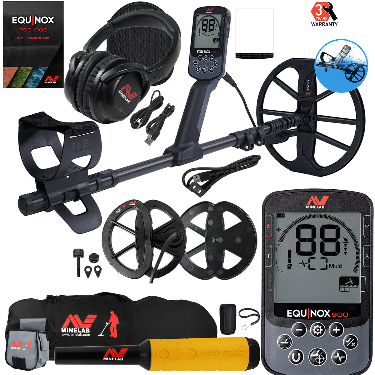 Minelab EQUINOX 900 Multi-IQ Metal Detector w/Pro-Find 35 Pinpointer, Carry Bag, and Finds Pouch