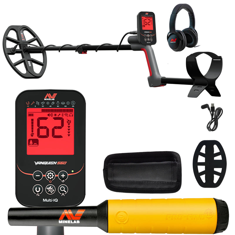 Minelab VANQUISH 560 Waterproof Multi-Frequency Metal Detector with 12 x 9" DD Search Coil with PRO-FIND 15 Pinpointer and accessories