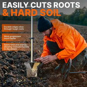 A man in an orange jacket and black beanie kneels in a muddy field while using a root-cutting tool with a metal shaft and circular wheel handle. Large text at the top reads 'EASILY CUTS ROOTS & HARD SOIL,' with three orange callout boxes describing benefits.