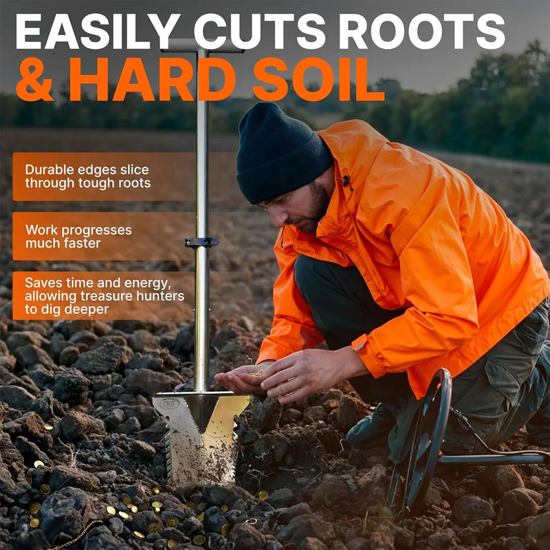 A man in an orange jacket and black beanie kneels in a muddy field while using a root-cutting tool with a metal shaft and circular wheel handle. Large text at the top reads 'EASILY CUTS ROOTS & HARD SOIL,' with three orange callout boxes describing benefits.