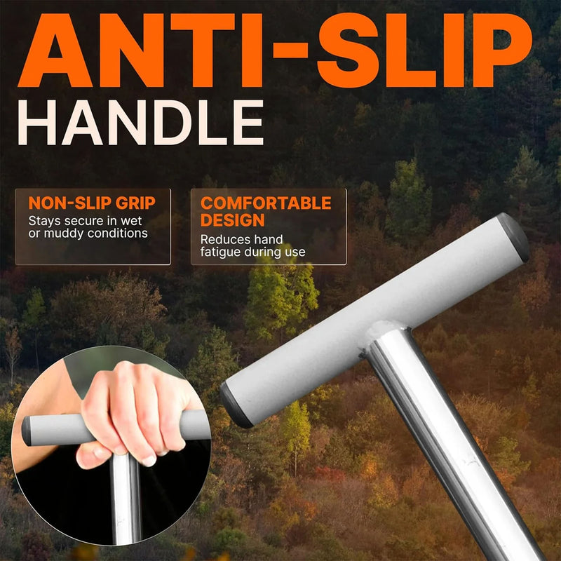 Anti-slip T-handle tool shown on a forest background with promotional text reading 'ANTI-SLIP HANDLE' and feature callouts for non-slip grip and comfortable design. A circular inset shows a hand gripping the handle.
