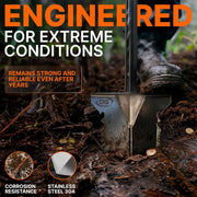 A heavy-duty CKG stainless steel 304 ground anchor shown in a muddy, outdoor environment with soil and leaves, featuring promotional text overlays 'ENGINEERED FOR EXTREME CONDITIONS' and circular detail insets.