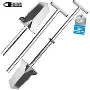 Two stainless steel shovel pieces with T-handles and a small black attachment piece, shown on a white background with a blue CKG 304 stainless steel hangtag.