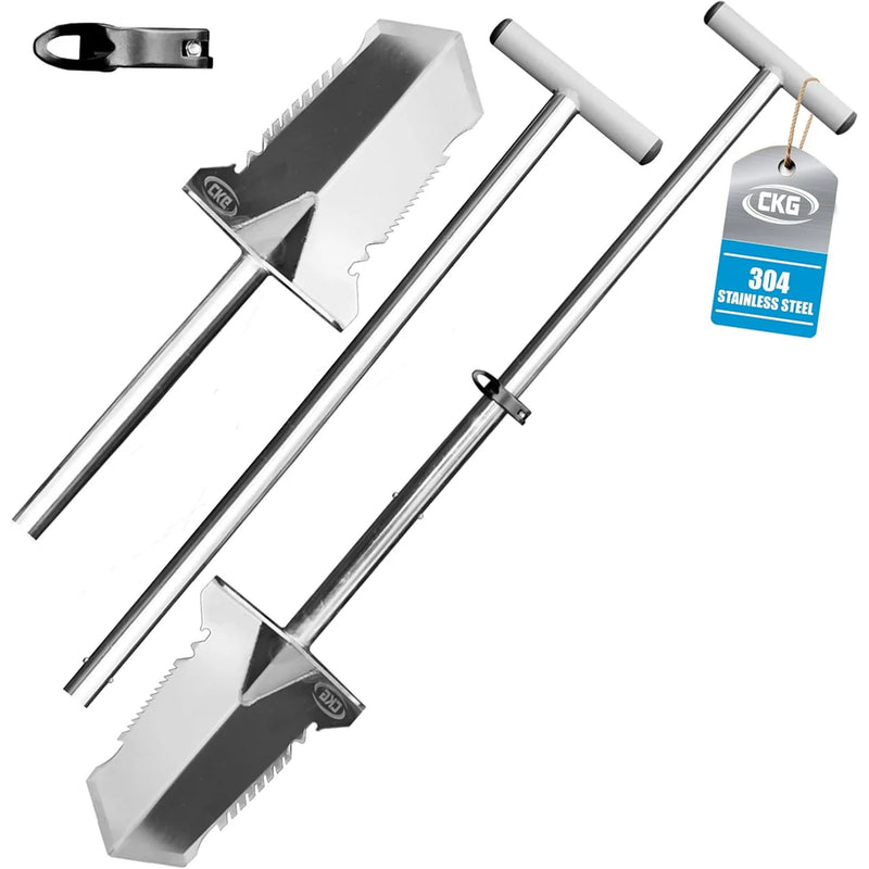 Two stainless steel shovel pieces with T-handles and a small black attachment piece, shown on a white background with a blue CKG 304 stainless steel hangtag.