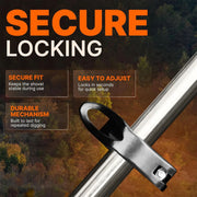 A close-up of a metal shovel lock mechanism attached to a metal shaft, with large text reading 'SECURE LOCKING' and feature callouts on a forest background.