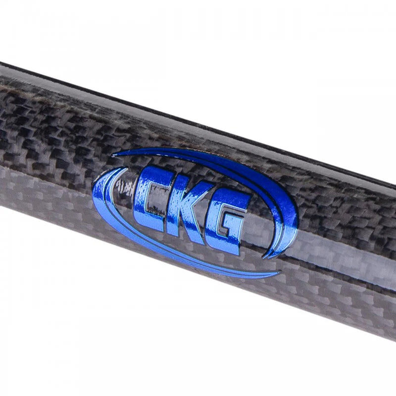 Close-up of a carbon fiber scoop pole featuring a metallic blue and silver CKG logo decal, set against a plain white background.