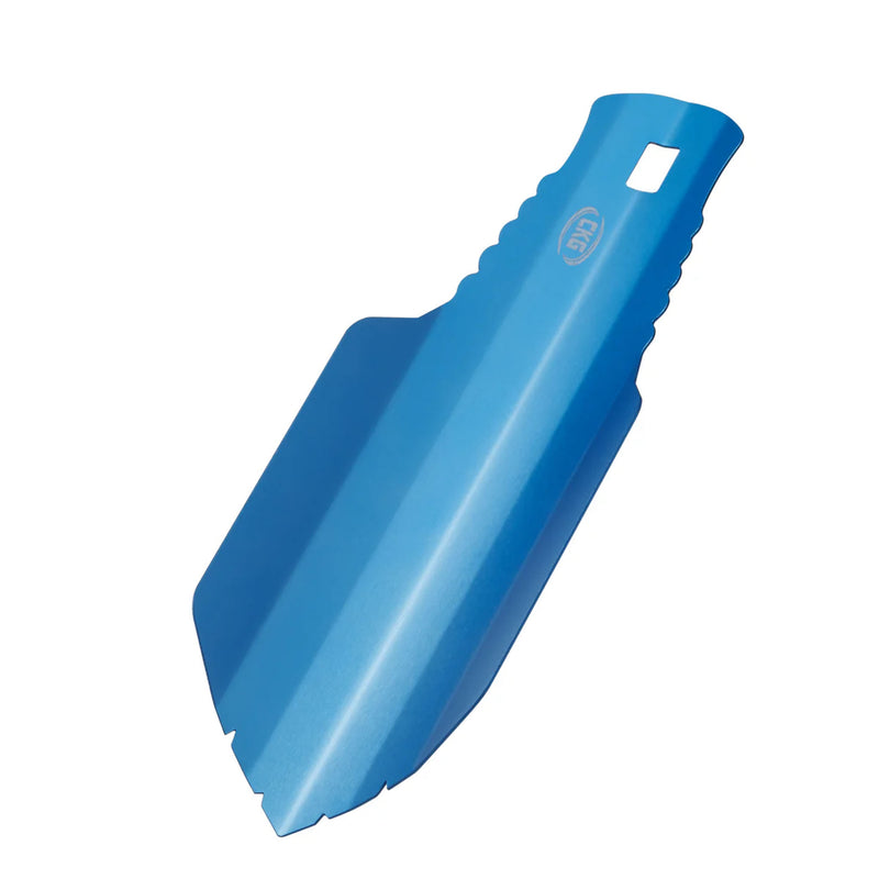 A bright blue trowel with a textured handle and a square cutout near the top, shown on a plain white background.