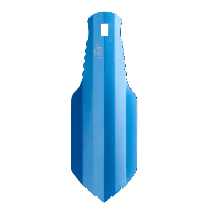 A bright blue trowel with a textured handle and a small white square cutout near the top, shown on a plain white background.
