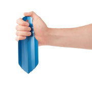 A hand holding a blue trowel against a plain white background.