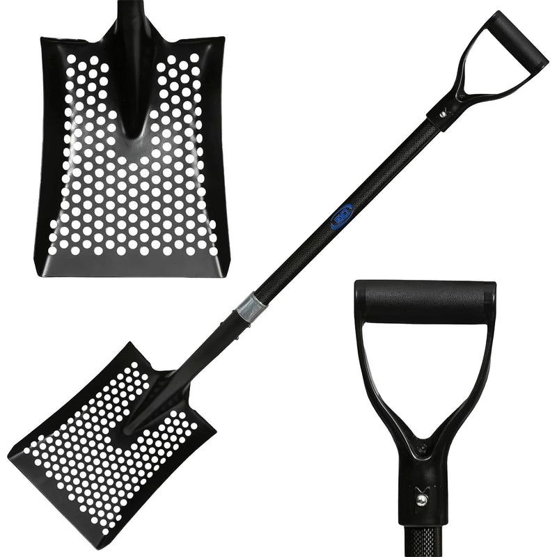 Carbon Fiber Sand Sifter Shovel black shown with full shovel, blade, and handle