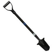 A black carbon fiber double serrated shovel with a D-handle and serrated blade, shown diagonally on a plain white background.