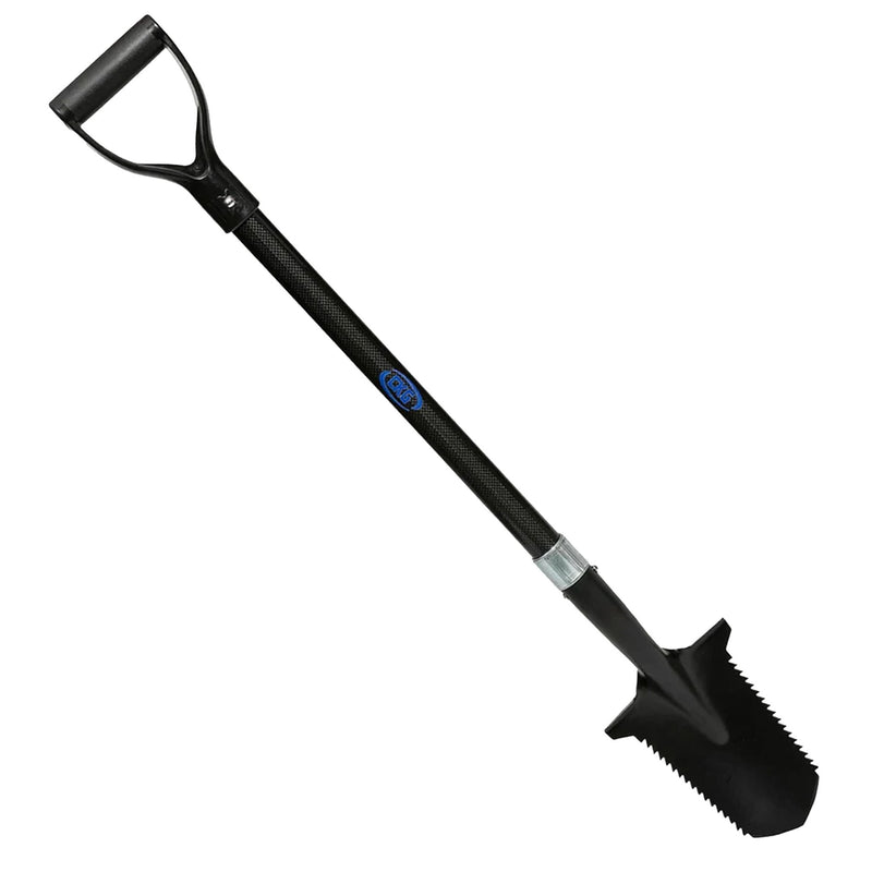 A black carbon fiber double serrated shovel with a D-handle and serrated blade, shown diagonally on a plain white background.