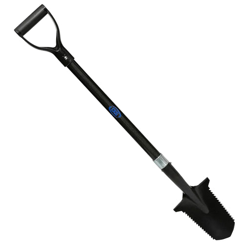A black carbon fiber double serrated shovel with a D-handle and serrated blade, shown diagonally on a plain white background.