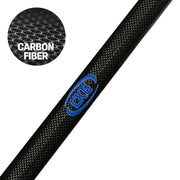 A close-up of a black carbon fiber pole with a blue and white BFG logo, featuring a circular inset showing the carbon fiber weave texture with the text 'CARBON FIBER'.