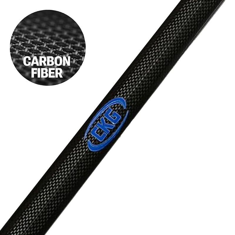 A close-up of a black carbon fiber pole with a blue and white BFG logo, featuring a circular inset showing the carbon fiber weave texture with the text 'CARBON FIBER'.