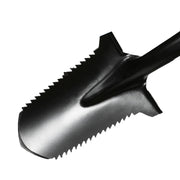 A close-up of a black metal shovel blade with serrated edges and a black handle, shown on a plain white background.