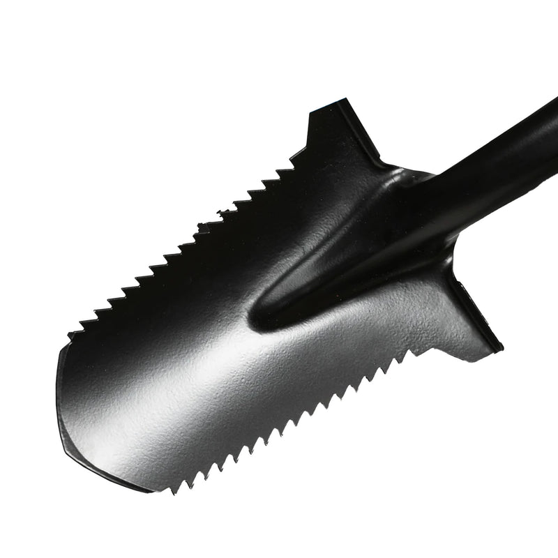 A close-up of a black metal shovel blade with serrated edges and a black handle, shown on a plain white background.