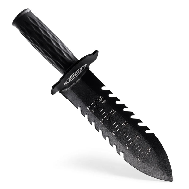 Black hand digger  with a serrated blade and measurement markings on a white background