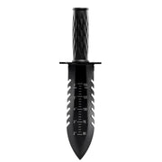 A black hand digger  with a built-in depth marker scale on the blade, featuring a textured handle and a flat top.