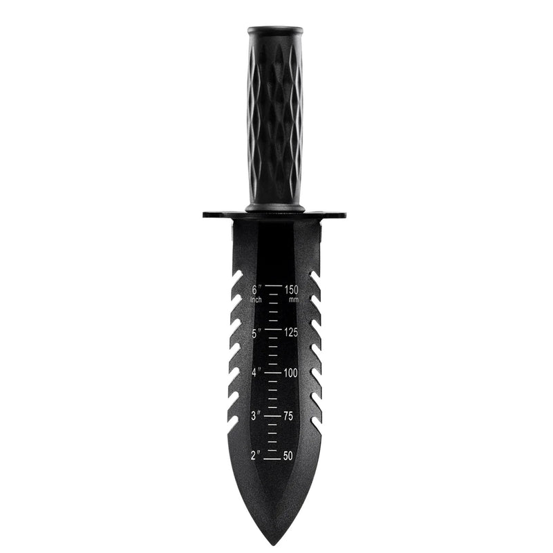 A black hand digger  with a built-in depth marker scale on the blade, featuring a textured handle and a flat top.