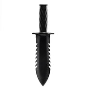 A black hand digger  with a textured handle and serrated edge, shown vertically against a plain white background.