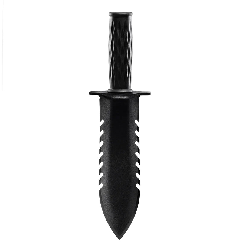 A black hand digger  with a textured handle and serrated edge, shown vertically against a plain white background.