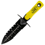 A black serrated digger with a yellow handle, featuring depth measurement markings on the blade and a visible 'CKG' brand logo on the handle.